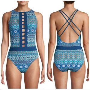 Bleu Rod Beattie One‎ Piece Swimsuit women's 8 blue allover print cage beachy